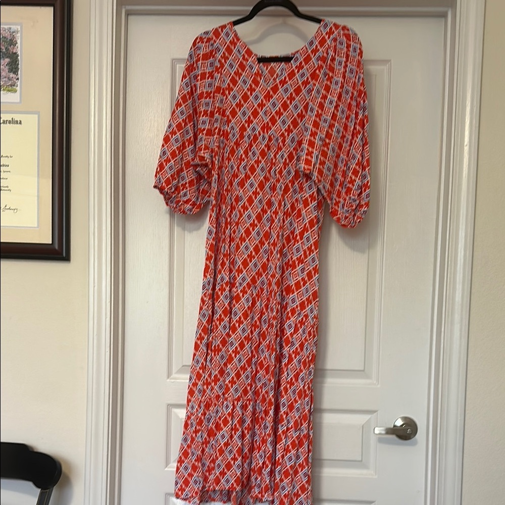 Red and White Geometric Midi Sundress